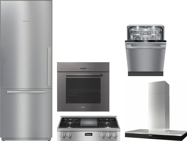 Miele 5 Piece Kitchen Appliances Package with Bottom Freezer Refrigerator and Dishwasher in Stainless Steel MIRECTWODWRH572