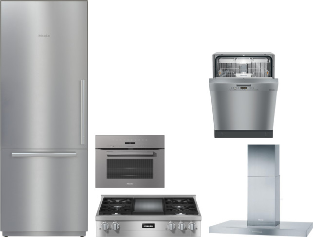 Miele 5 Piece Kitchen Appliances Package with Bottom Freezer Refrigerator and Dishwasher in Stainless Steel MIRECTWODWRH573