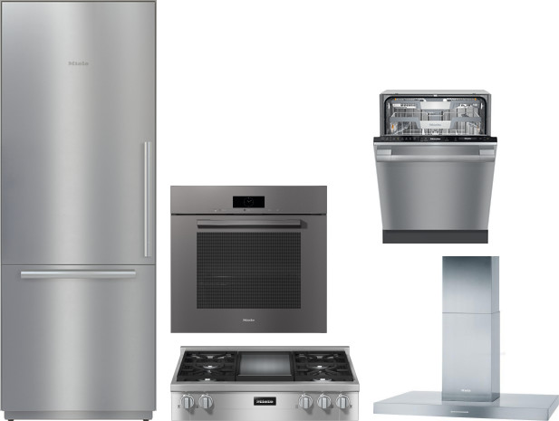 Miele 5 Piece Kitchen Appliances Package with Bottom Freezer Refrigerator and Dishwasher in Stainless Steel MIRECTWODWRH574