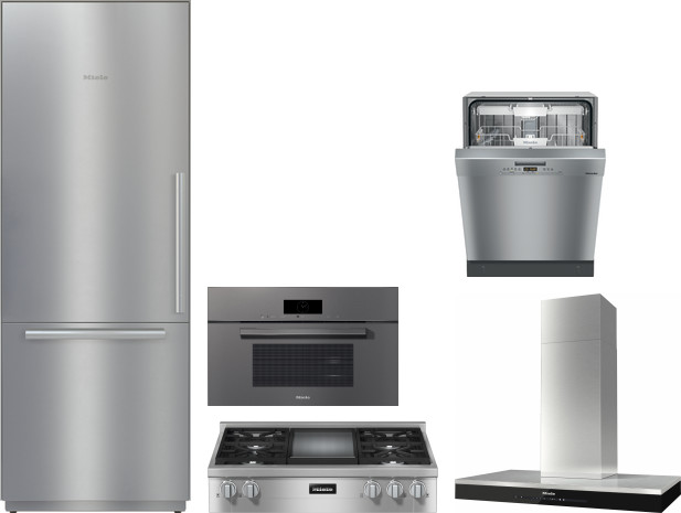 Miele 5 Piece Kitchen Appliances Package with Bottom Freezer Refrigerator and Dishwasher in Stainless Steel MIRECTWODWRH575