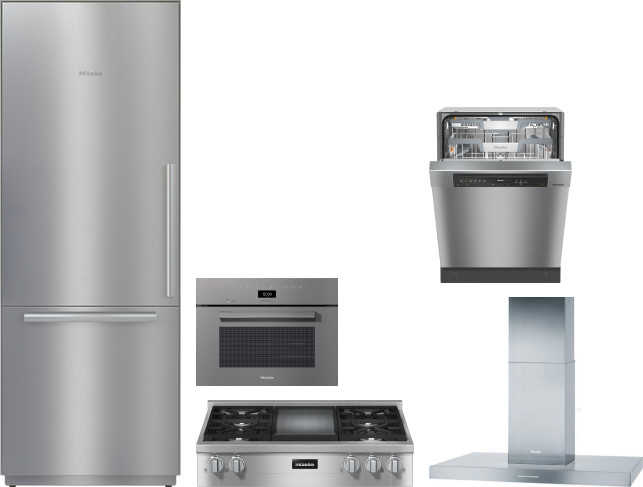 Miele 5 Piece Kitchen Appliances Package with Bottom Freezer Refrigerator and Dishwasher in Stainless Steel MIRECTWODWRH576