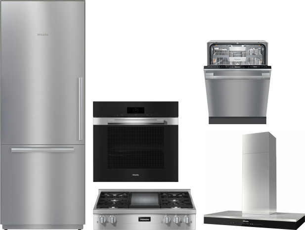 Miele 5 Piece Kitchen Appliances Package with Bottom Freezer Refrigerator and Dishwasher in Stainless Steel MIRECTWODWRH577