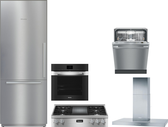 Miele 5 Piece Kitchen Appliances Package with Bottom Freezer Refrigerator and Dishwasher in Stainless Steel MIRECTWODWRH579