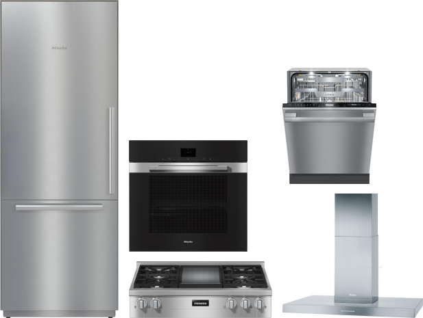 Miele 5 Piece Kitchen Appliances Package with Bottom Freezer Refrigerator and Dishwasher in Stainless Steel MIRECTWODWRH580