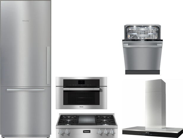 Miele 5 Piece Kitchen Appliances Package with Bottom Freezer Refrigerator and Dishwasher in Stainless Steel MIRECTWODWRH581