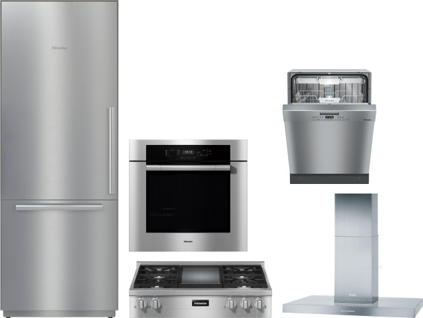 Miele 5 Piece Kitchen Appliances Package with Bottom Freezer Refrigerator and Dishwasher in Stainless Steel MIRECTWODWRH582