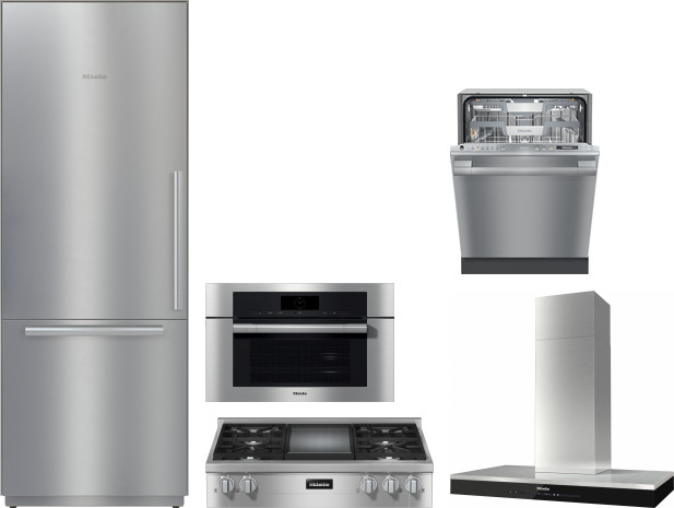 Miele 5 Piece Kitchen Appliances Package with Bottom Freezer Refrigerator and Dishwasher in Stainless Steel MIRECTWODWRH583
