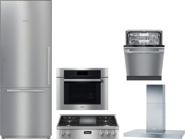Miele 5 Piece Kitchen Appliances Package with Bottom Freezer Refrigerator and Dishwasher in Stainless Steel MIRECTWODWRH584