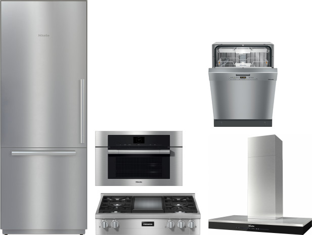Miele 5 Piece Kitchen Appliances Package with Bottom Freezer Refrigerator and Dishwasher in Stainless Steel MIRECTWODWRH585