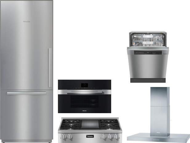 Miele 5 Piece Kitchen Appliances Package with Bottom Freezer Refrigerator and Dishwasher in Stainless Steel MIRECTWODWRH586