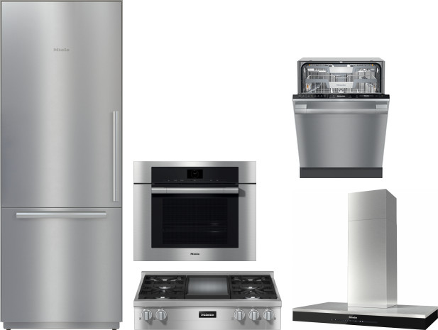 Miele 5 Piece Kitchen Appliances Package with Bottom Freezer Refrigerator and Dishwasher in Stainless Steel MIRECTWODWRH587