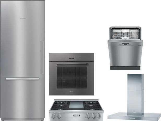 Miele 5 Piece Kitchen Appliances Package with Bottom Freezer Refrigerator and Dishwasher in Stainless Steel MIRECTWODWRH590