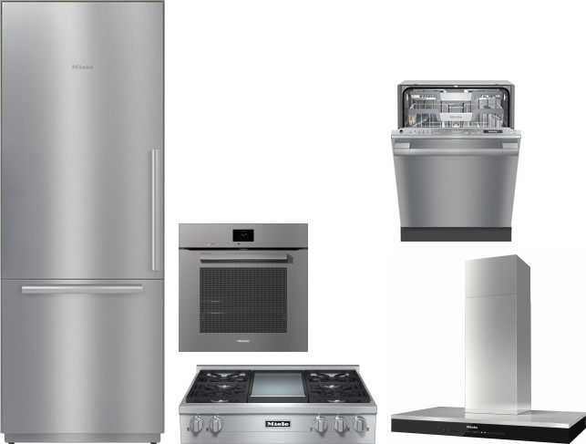 Miele 5 Piece Kitchen Appliances Package with Bottom Freezer Refrigerator and Dishwasher in Stainless Steel MIRECTWODWRH591