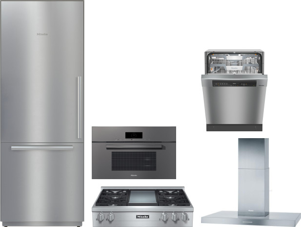 5 Piece Kitchen Appliances Package with Bottom Freezer Refrigerator and Dishwasher in Stainless Steel - Miele MIRECTWODWRH594