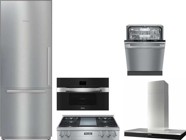 Miele 5 Piece Kitchen Appliances Package with Bottom Freezer Refrigerator and Dishwasher in Stainless Steel MIRECTWODWRH595