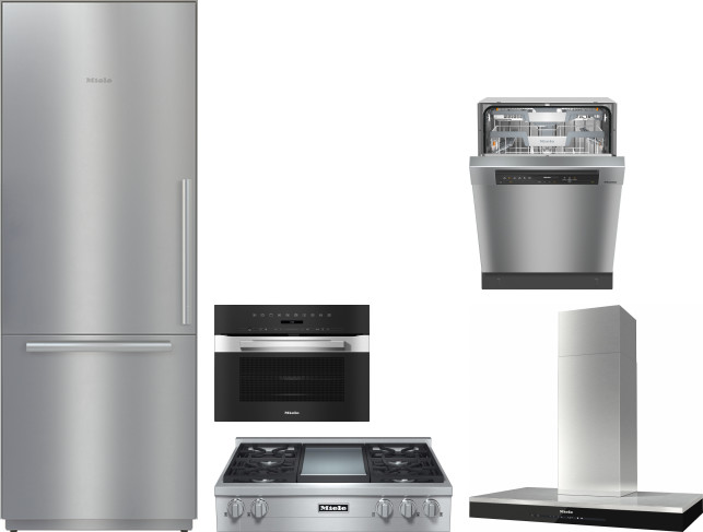 Miele 5 Piece Kitchen Appliances Package with Bottom Freezer Refrigerator and Dishwasher in Stainless Steel MIRECTWODWRH597