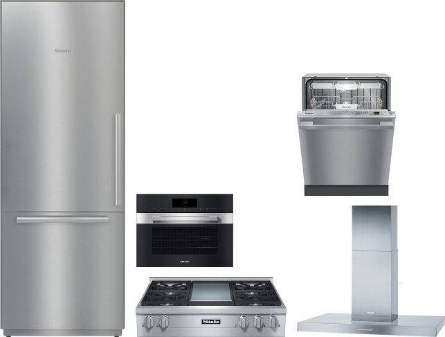 Miele 5 Piece Kitchen Appliances Package with Bottom Freezer Refrigerator and Dishwasher in Stainless Steel MIRECTWODWRH598