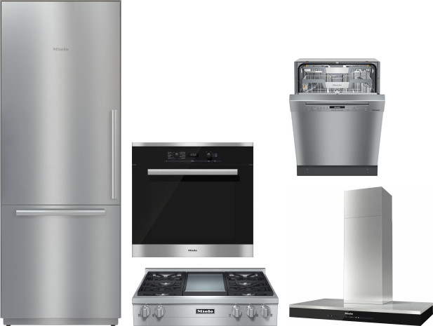 Miele 5 Piece Kitchen Appliances Package with Bottom Freezer Refrigerator and Dishwasher in Stainless Steel MIRECTWODWRH599