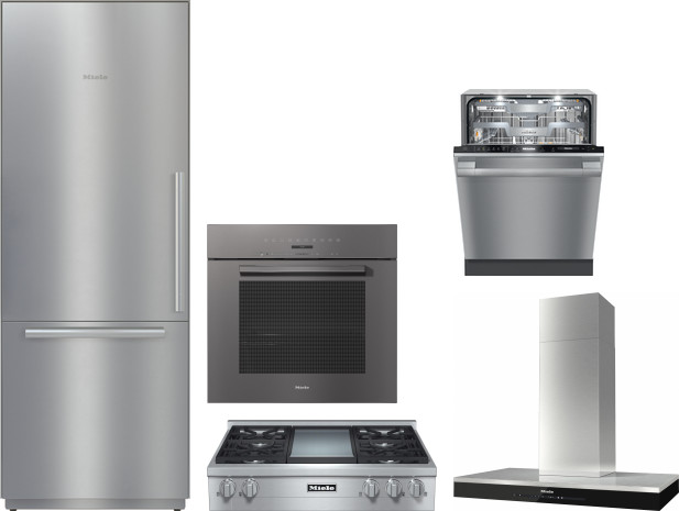 Miele 5 Piece Kitchen Appliances Package with Bottom Freezer Refrigerator and Dishwasher in Stainless Steel MIRECTWODWRH602