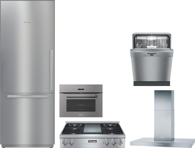 Miele 5 Piece Kitchen Appliances Package with Bottom Freezer Refrigerator and Dishwasher in Stainless Steel MIRECTWODWRH603