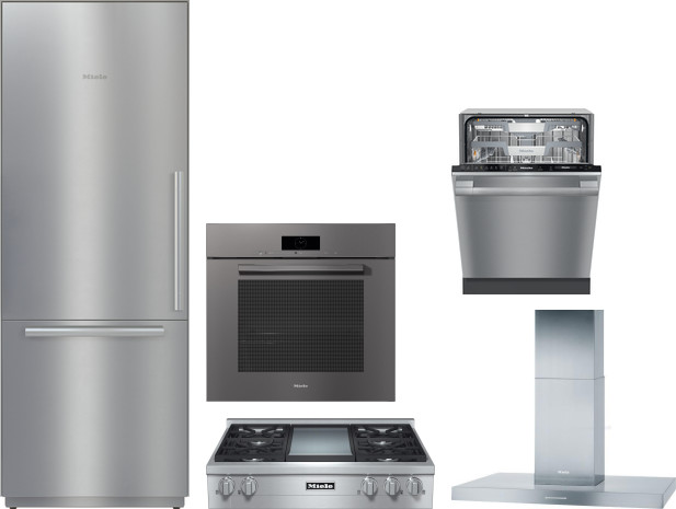 Miele 5 Piece Kitchen Appliances Package with Bottom Freezer Refrigerator and Dishwasher in Stainless Steel MIRECTWODWRH604