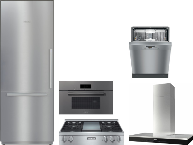 Miele 5 Piece Kitchen Appliances Package with Bottom Freezer Refrigerator and Dishwasher in Stainless Steel MIRECTWODWRH605