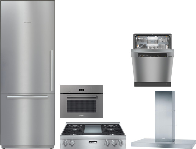 Miele 5 Piece Kitchen Appliances Package with Bottom Freezer Refrigerator and Dishwasher in Stainless Steel MIRECTWODWRH606