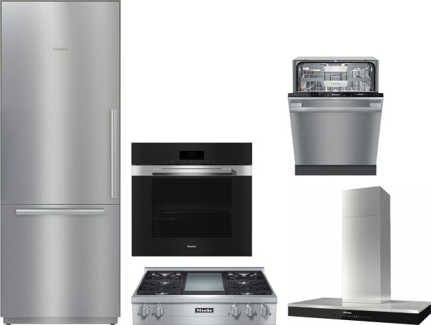 Miele 5 Piece Kitchen Appliances Package with Bottom Freezer Refrigerator and Dishwasher in Stainless Steel MIRECTWODWRH607