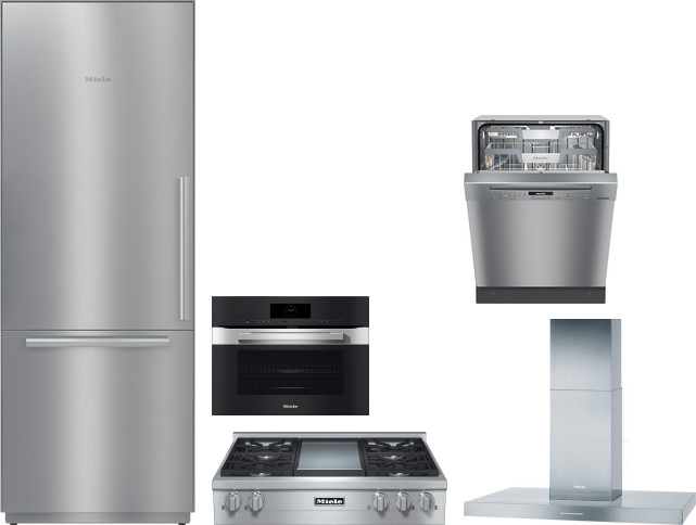 Miele 5 Piece Kitchen Appliances Package with Bottom Freezer Refrigerator and Dishwasher in Stainless Steel MIRECTWODWRH608