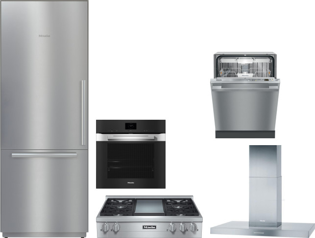 Miele 5 Piece Kitchen Appliances Package with Bottom Freezer Refrigerator and Dishwasher in Stainless Steel MIRECTWODWRH609