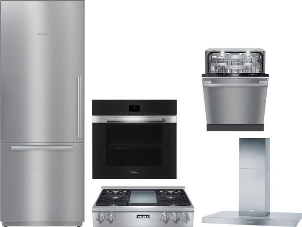 5 Piece Kitchen Appliances Package with Bottom Freezer Refrigerator and Dishwasher in Stainless Steel - Miele MIRECTWODWRH610