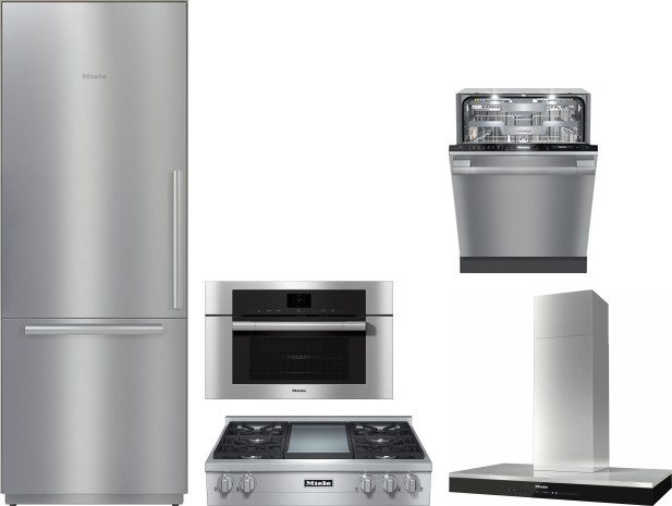 Miele 5 Piece Kitchen Appliances Package with Bottom Freezer Refrigerator and Dishwasher in Stainless Steel MIRECTWODWRH611
