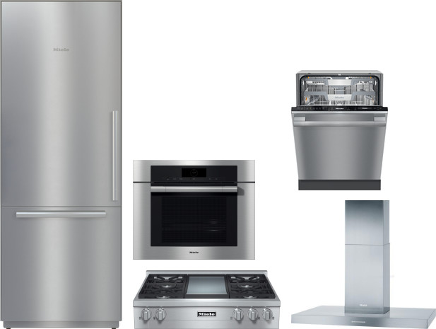 Miele 5 Piece Kitchen Appliances Package with Bottom Freezer Refrigerator and Dishwasher in Stainless Steel MIRECTWODWRH614