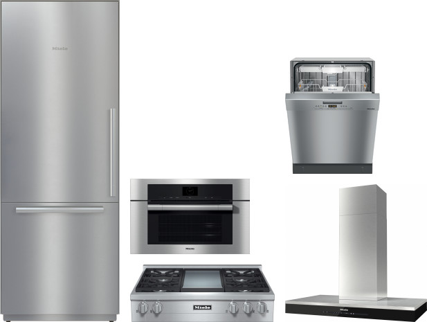 Miele 5 Piece Kitchen Appliances Package with Bottom Freezer Refrigerator and Dishwasher in Stainless Steel MIRECTWODWRH615