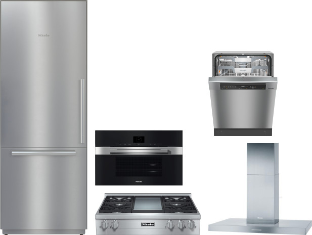 Miele 5 Piece Kitchen Appliances Package with Bottom Freezer Refrigerator and Dishwasher in Stainless Steel MIRECTWODWRH616