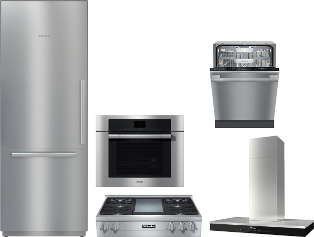 Miele 5 Piece Kitchen Appliances Package with Bottom Freezer Refrigerator and Dishwasher in Stainless Steel MIRECTWODWRH617