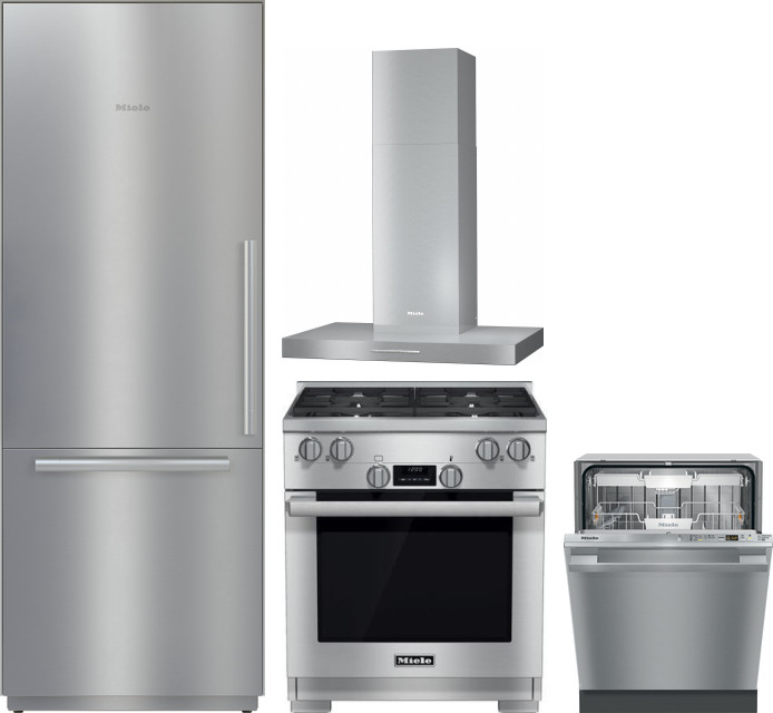 Miele 4 Piece Kitchen Appliances Package with Bottom Freezer Refrigerator, Dual Fuel Range and Dishwasher in Stainless Steel MIRERARHDW3