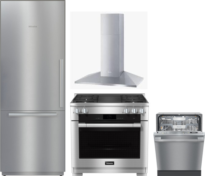 Miele 4 Piece Kitchen Appliances Package with Bottom Freezer Refrigerator, Dual Fuel Range and Dishwasher in Stainless Steel MIRERARHDW4