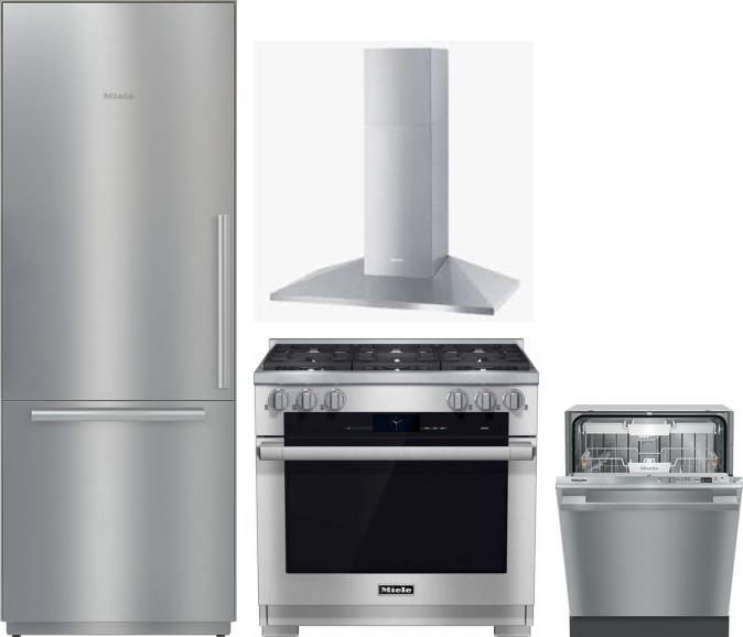 Miele 4 Piece Kitchen Appliances Package with Bottom Freezer Refrigerator, Dual Fuel Range and Dishwasher in Stainless Steel MIRERARHDW5