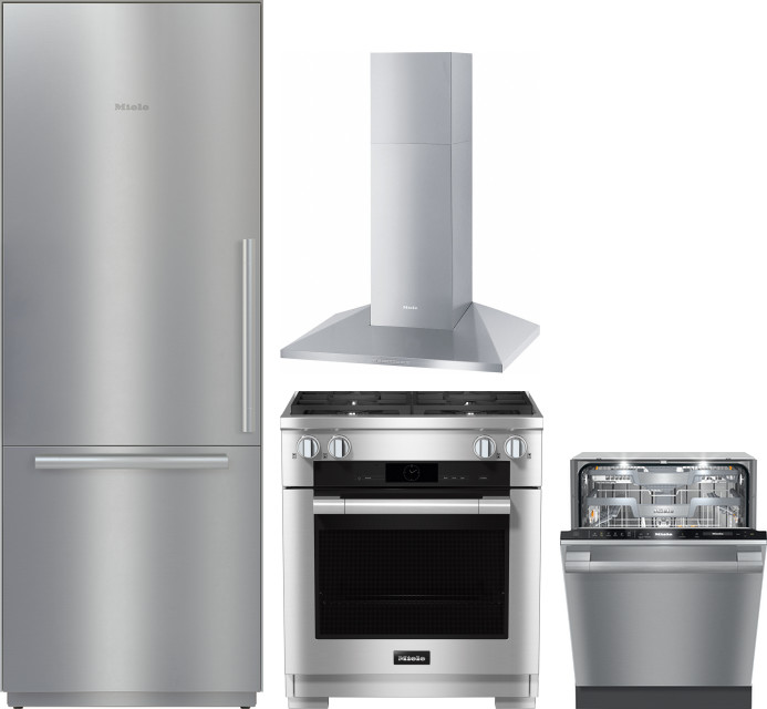 Miele 4 Piece Kitchen Appliances Package with Bottom Freezer Refrigerator, Dual Fuel Range and Dishwasher in Stainless Steel MIRERADWRH3120