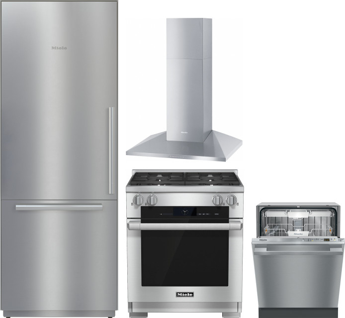 Miele 4 Piece Kitchen Appliances Package with Bottom Freezer Refrigerator, Dual Fuel Range and Dishwasher in Stainless Steel MIRERADWRH3121