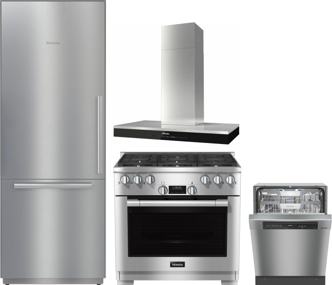 Miele 4 Piece Kitchen Appliances Package with Bottom Freezer Refrigerator, Gas Range and Dishwasher in Stainless Steel MIRERADWRH3122