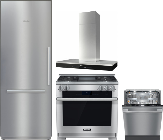 Miele 4 Piece Kitchen Appliances Package with Bottom Freezer Refrigerator, Dual Fuel Range and Dishwasher in Stainless Steel MIRERADWRH3123