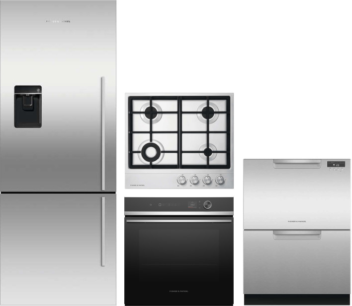 Fisher & Paykel Series 5 Contemporary 4 Piece Kitchen Appliances Package with Bottom Freezer Refrigerator and Dishwasher in Stainless Steel FPRECTWODW -  FPRECTWODW220