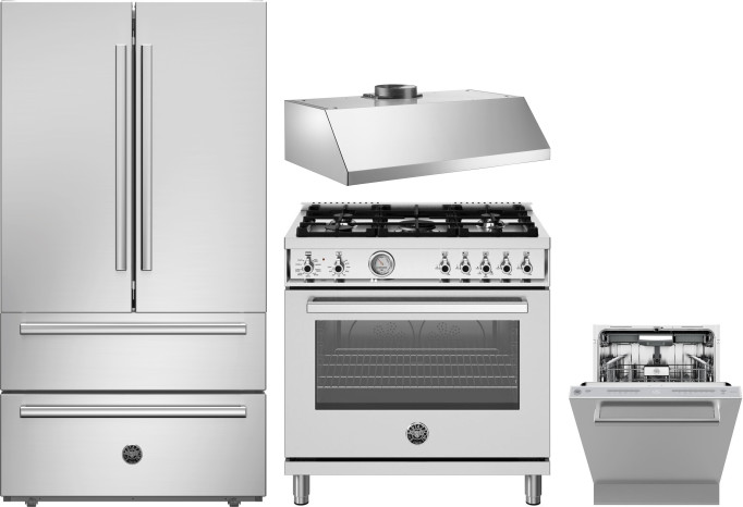 Bertazzoni 4 Piece Kitchen Appliances Package with French Door Refrigerator, Dual Fuel Range and Dishwasher in Stainless Steel BERERADWRH1167