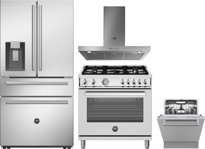 Bertazzoni 4 Piece Kitchen Appliances Package with French Door Refrigerator, Dual Fuel Range and Dishwasher in Stainless Steel BERERADWRH1168