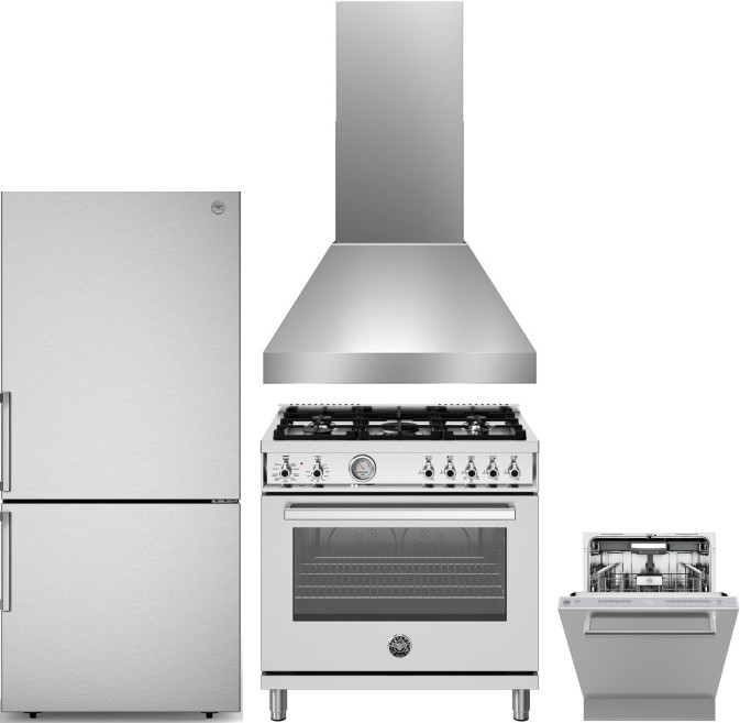 Bertazzoni 4 Piece Kitchen Appliances Package with Bottom Freezer Refrigerator, Dual Fuel Range and Dishwasher in Stainless Steel BERERADWRH1169