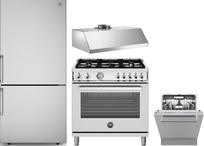 Bertazzoni 4 Piece Kitchen Appliances Package with Bottom Freezer Refrigerator, Dual Fuel Range and Dishwasher in Stainless Steel BERERADWRH1170