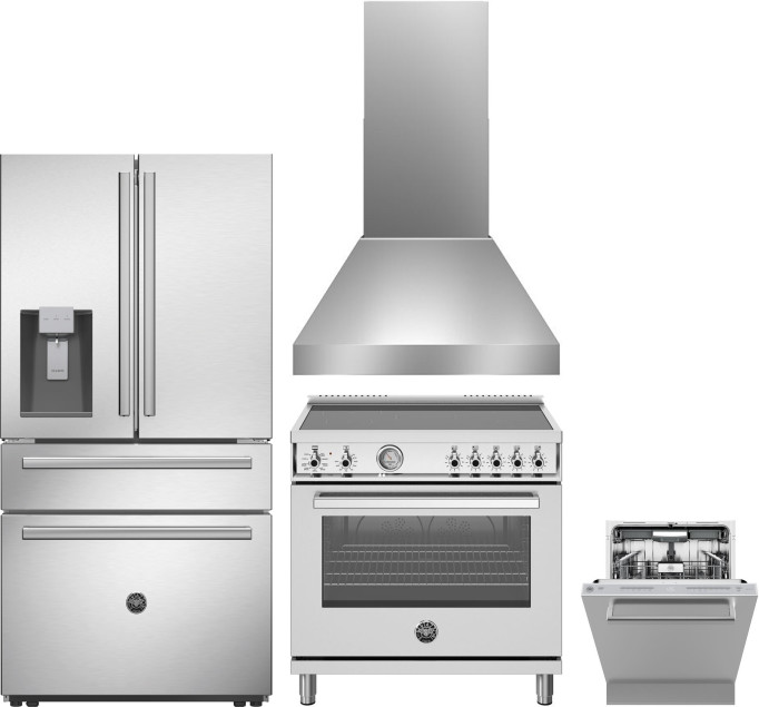 Bertazzoni 4 Piece Kitchen Appliances Package with French Door Refrigerator, Induction Range and Dishwasher in Stainless Steel BERERADWRH1172