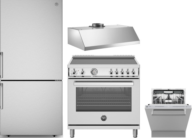 Bertazzoni 4 Piece Kitchen Appliances Package with Bottom Freezer Refrigerator, Induction Range and Dishwasher in Stainless Steel BERERADWRH1173